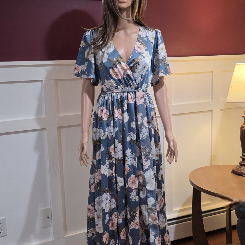 Baltic Born Blue and White Flutter Sleeve Maxi Dress